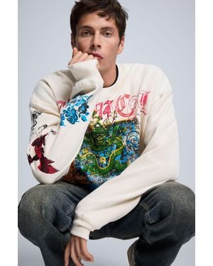 Desigual Maglione Crop Stampato, Uomo, Cotone, Bianco - Grigio