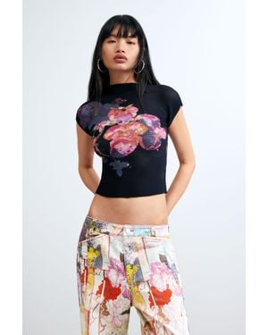 Desigual Blusa A Collo Alto Stampata, Donna, Poliestere, Nero