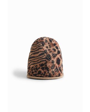 Desigual Berretto Maglia Patch Stampa Animalier, Donna, Marrone