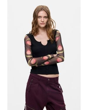Desigual Maglietta A Maniche Lunghe Stampata, Donna, Poliestere, Nero
