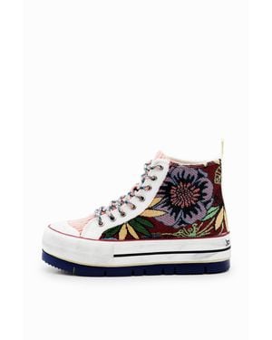 Desigual Baskets Montantes À Plateforme Fleuries - Blanc