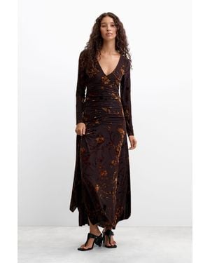 Desigual Abito Midi Floccato, Donna, Poliestere, Marrone