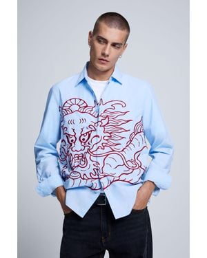 Desigual Camicia Ricamata Con Drago, Uomo, Cotone, Blu