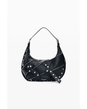 Desigual Borsa A Spalla Borchie Media, Donna, Poliuretano, Nero