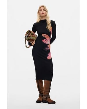 Desigual Vestito A Fiori A Maniche Lunghe, Donna, Viscosa, Nero
