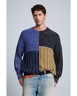 Desigual Pull Patchwork, Homme, Coton, Bleu