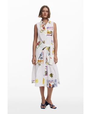 Desigual Robe Chemise À Motifs Cartes Postales - Blanc