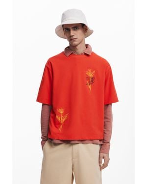 Desigual T-Shirt À Manches Courtes Avec Fleurs - Rouge