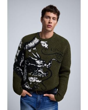 Desigual Pull Jacquard Imprimé, Homme, Vert - Noir