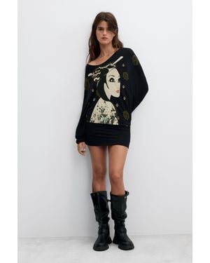 Desigual Robe Courte Imprimé Vintage, Femme, Viscose, Noir