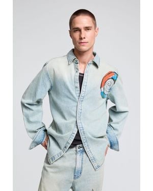 Desigual Chemise En Jean Brodée, Coton, Bleu