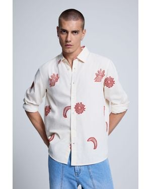 Desigual Camicia Jacquard Stampata, Uomo, Cotone, Bianco - Grigio