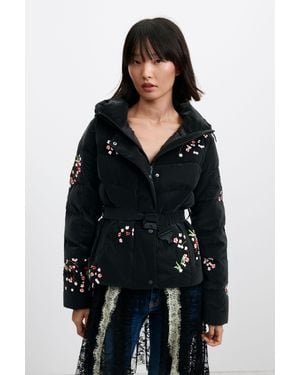 Desigual Giacca Corta Trapuntata A Fiori, Donna, Poliuretano, Nero