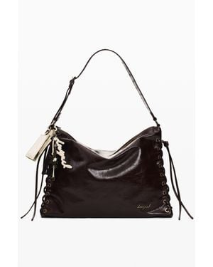 Desigual Grand Sac Tressé Brillant, Femme, Polyuréthane, Marron - Noir