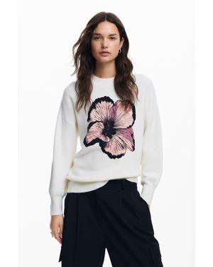 Desigual Pull À Fleurs Contrastées - Blanc