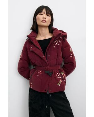 Desigual Giacca Corta Trapuntata A Fiori, Donna, Poliuretano, Rosso