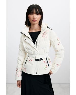 Desigual Giacca Corta Trapuntata A Fiori, Donna, Poliuretano, Bianco