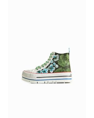 Desigual Baskets Montantes À Plateforme Patchwork De Broderies - Vert