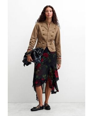 Desigual Jupe Midi À Roses, Femme, Polyester, Noir