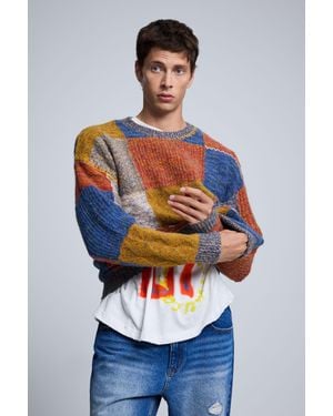 Desigual Pull Patchwork En Maille, Homme - Bleu