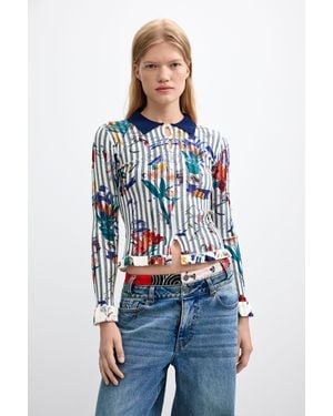 Desigual Maglione Floreale Con Colletto A Camicia, Donna, Bianco - Blu