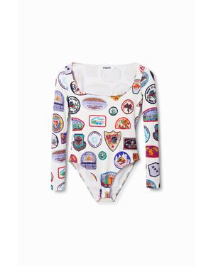 Desigual Body Stampato Toppe College, Viscosa - Bianco
