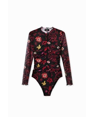 Desigual Body Tulle Fiori, Poliestere, Nero - Rosso