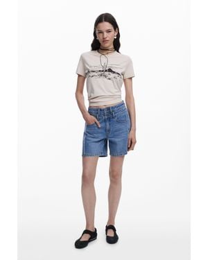 Desigual Bermuda En Jean Avec Coutures - Bleu