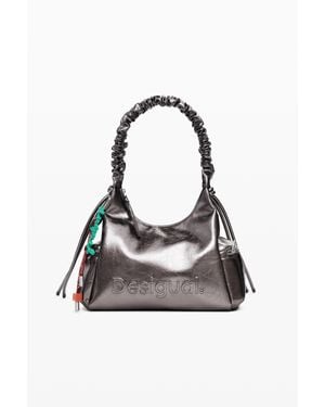 Desigual Sac Logo 3D Anse Froncée Métallisé Moyen, Femme, Polyuréthane - Noir