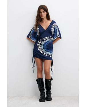 Desigual Robe Courte Froncée Vintage, Femme, Coton, Bleu