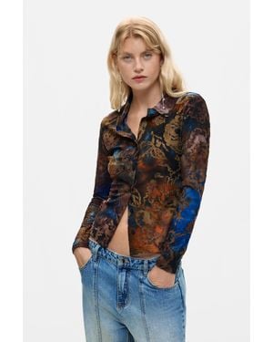 Desigual Maglietta Stampata A Manica Lunga, Donna, Marrone - Blu