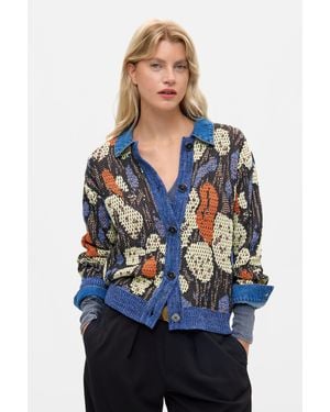 Desigual Maglione Jacquard Con Colletto A Camicia, Donna, Blu