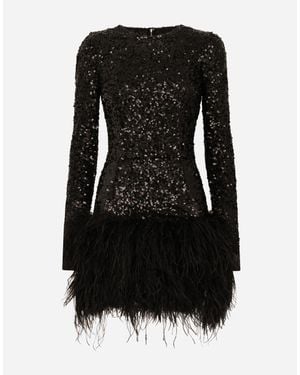 Dolce & Gabbana Short Sequined Dress With Feather Trim - Black