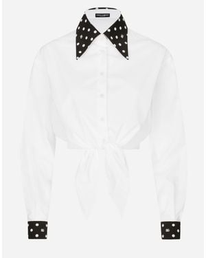 Dolce & Gabbana Cropped Cotton Poplin Shirt With Knot Detail And Polka-Dot Print - White