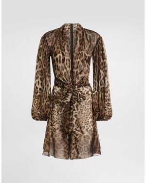 Dolce & Gabbana Vestido En Chiffon Con Estampado De Leopardo - Marrón