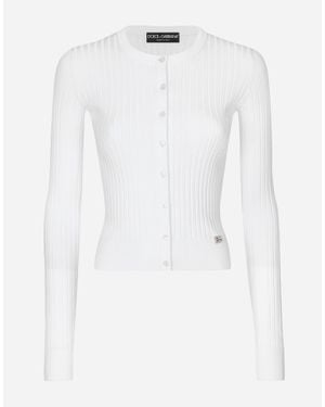 Dolce & Gabbana Ribbed Viscose Cardigan With Metal Dg Logo Pin - ホワイト