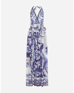 Dolce & Gabbana Abito lungo senza maniche in chiffon stampa maiolica - Blu