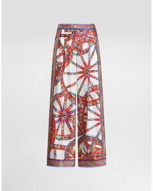Dolce & Gabbana Pantalones Vanity En Twill De Seda Con Estampado Carretto - Blanco