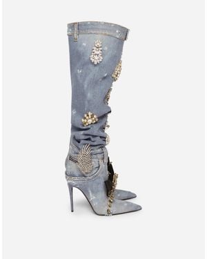 Dolce & Gabbana Patchwork Denim Boots With Embroidery - Blue