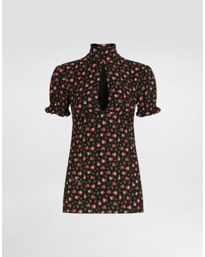 Dolce & Gabbana Small Rose-Print Charmeuse Top - Black
