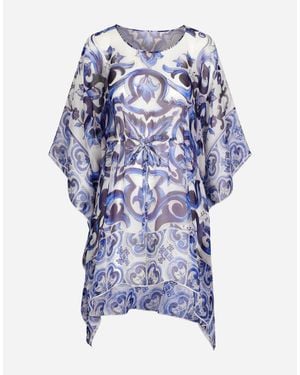 Dolce & Gabbana Short Majolica-Print Chiffon Caftan - Blue