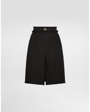 Dolce & Gabbana Raschel Tweed Midi Skirt With Central Slit And Dg Logo - Black