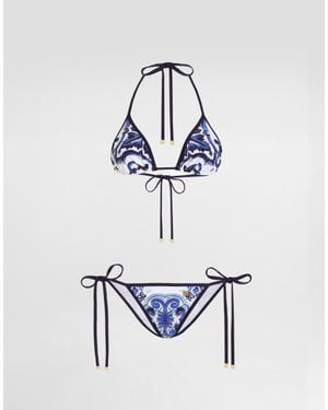 Dolce & Gabbana Dg Exclusive Bikini A Triangolo Stampa Maiolica - Bianco