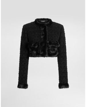 Dolce & Gabbana Faux Fur Trim Tweed Crop Jacket - Black