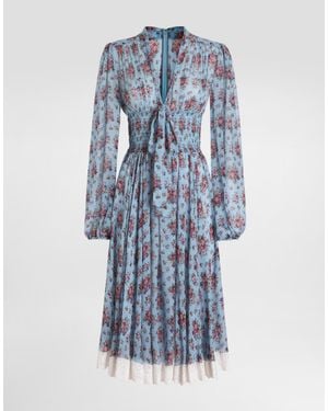 Dolce & Gabbana Small Flower Bouquets-Print Chiffon Dress - Blue