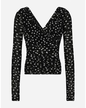 Dolce & Gabbana Polka-Dot Tulle Top With Wrap-Front Neckline - Black