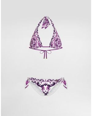 Dolce & Gabbana Bikini Triangolo Imbottito Stampa Maiolica - Bianco