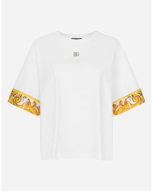 Dolce & Gabbana Cotton Jersey T-Shirt With Majolica-Print Silk Twill Details - ホワイト