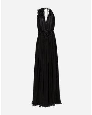 Dolce & Gabbana ロングドレス シルクシフォン フラワーデコレーション - ブラック