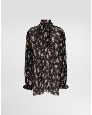 Dolce & Gabbana Vintage Rose-Print Chiffon Top - Black